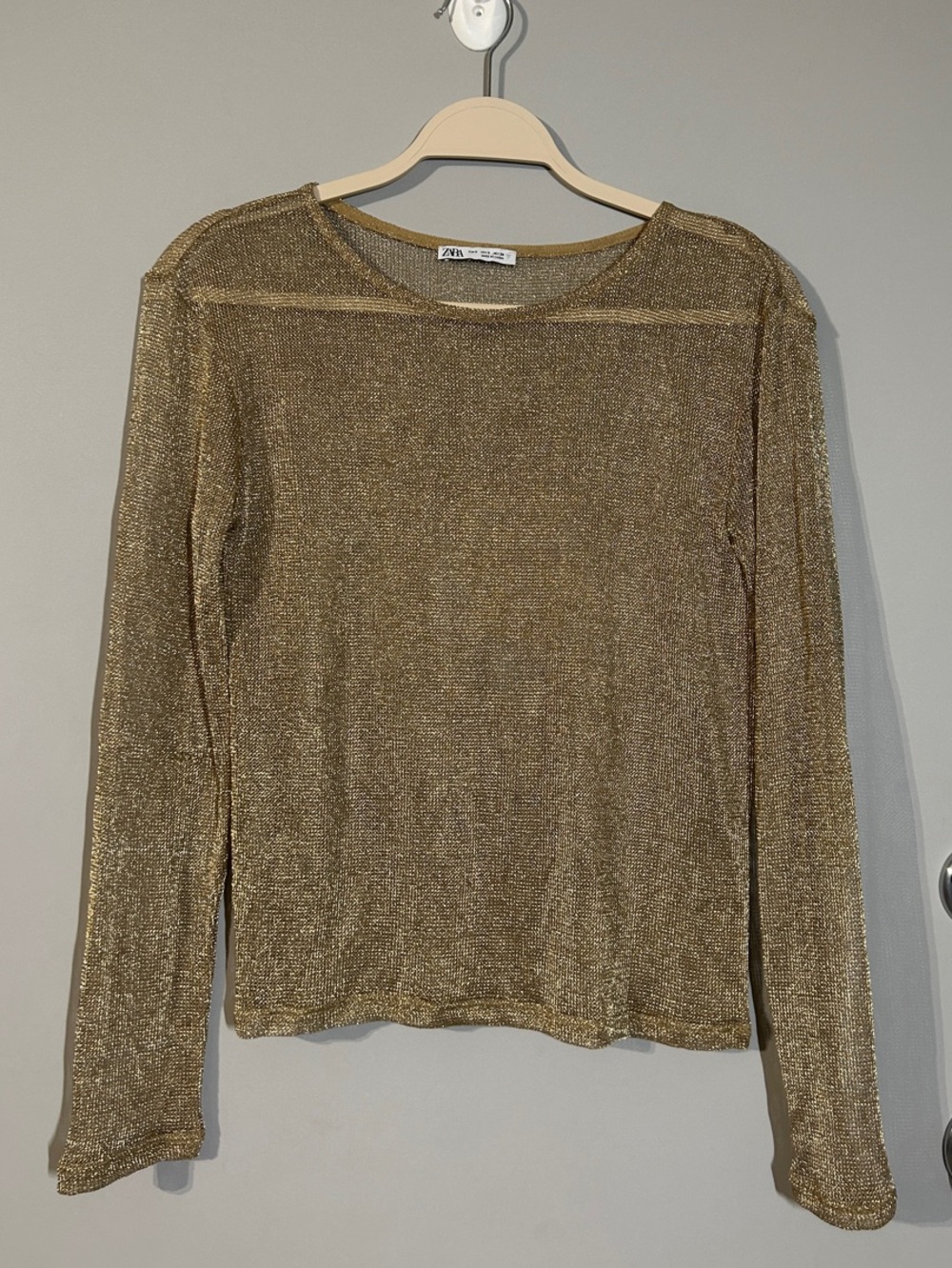 Zara Metallic Gold Long Sleeve Crewneck Top Sheer, metallic, mesh, gold, rave